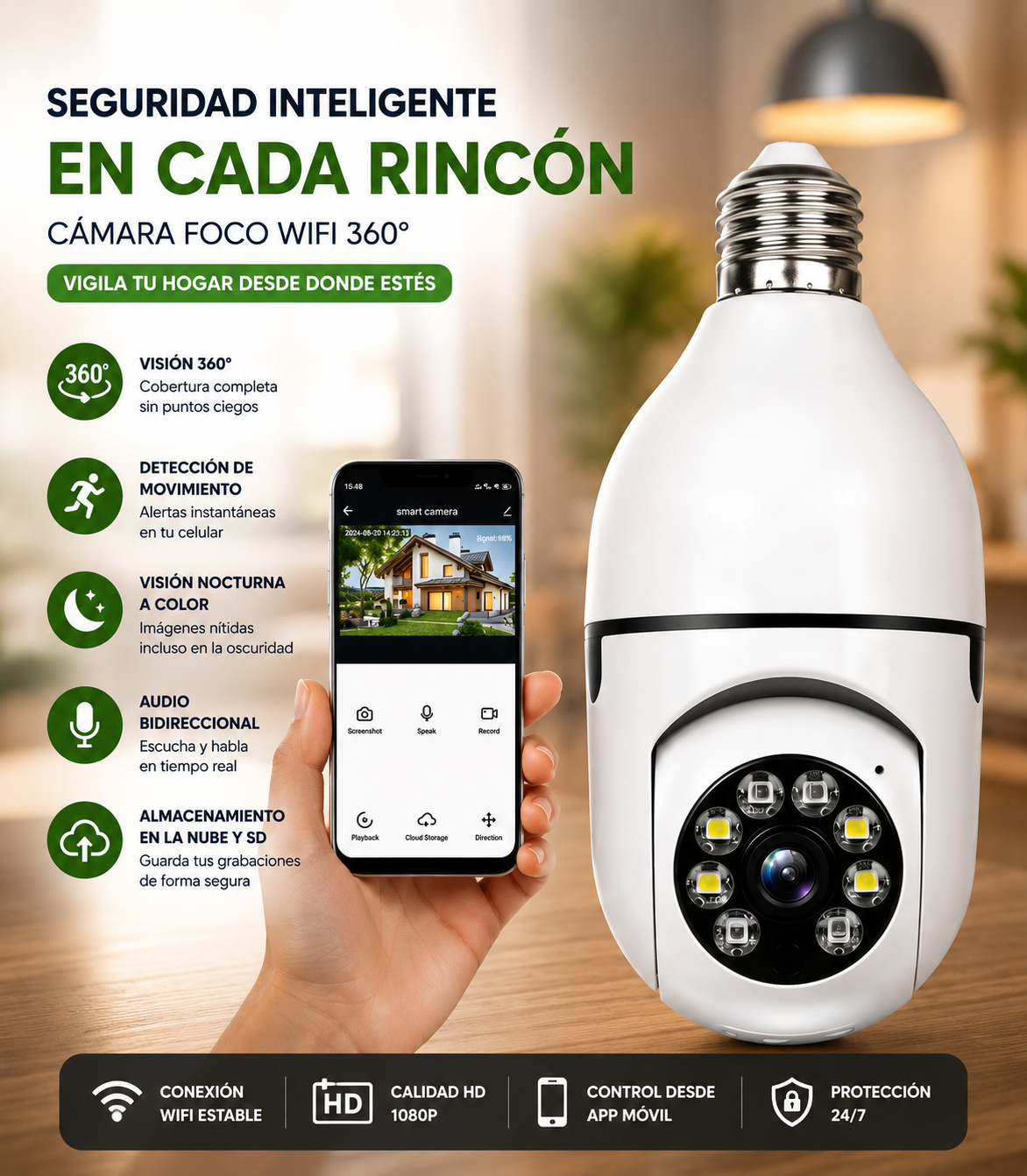 Cámara Bombillo WiFi 360° con Visión Nocturna