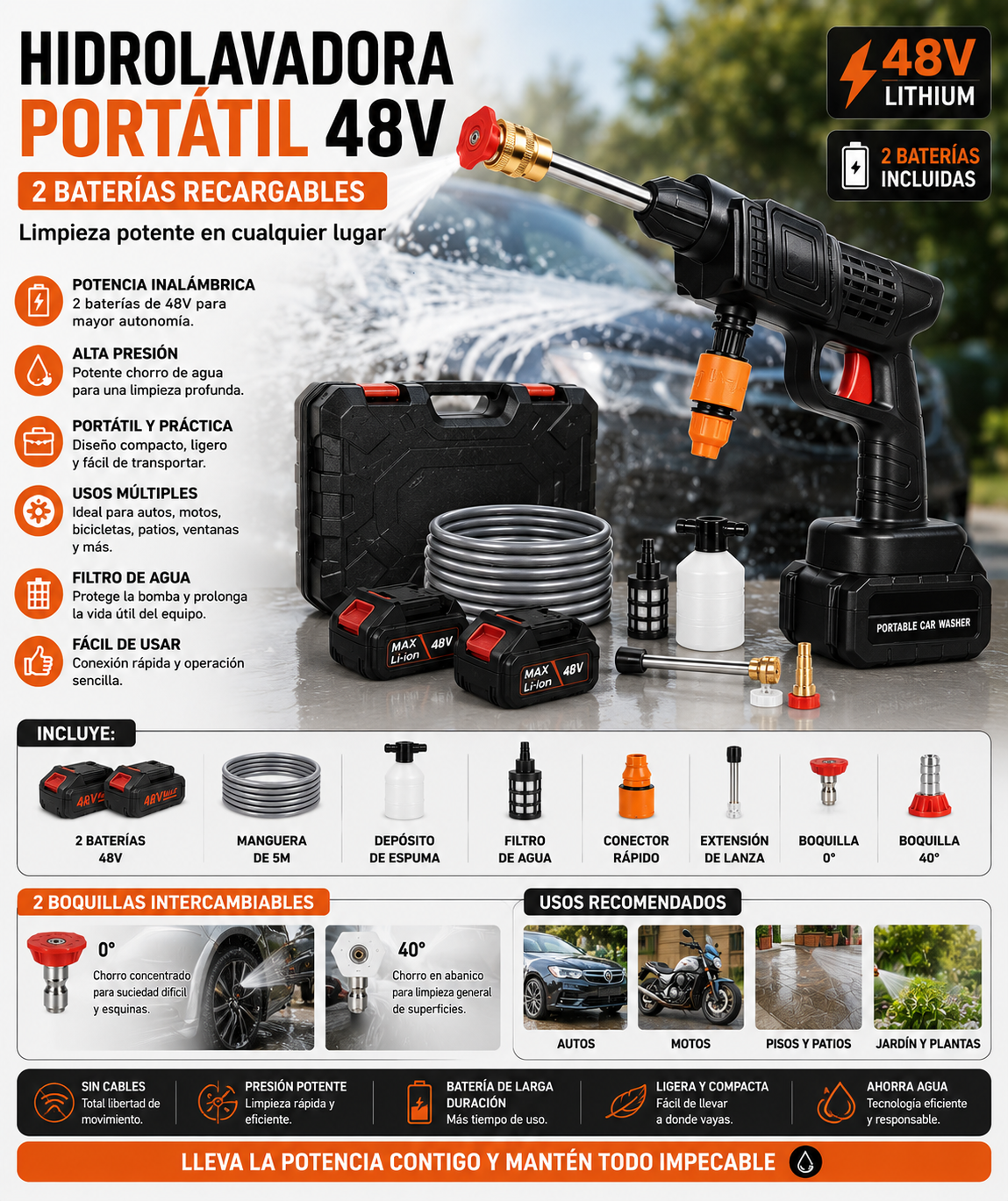 Hidrolavadora Portátil Inalámbrica 48V con 2 Baterías
