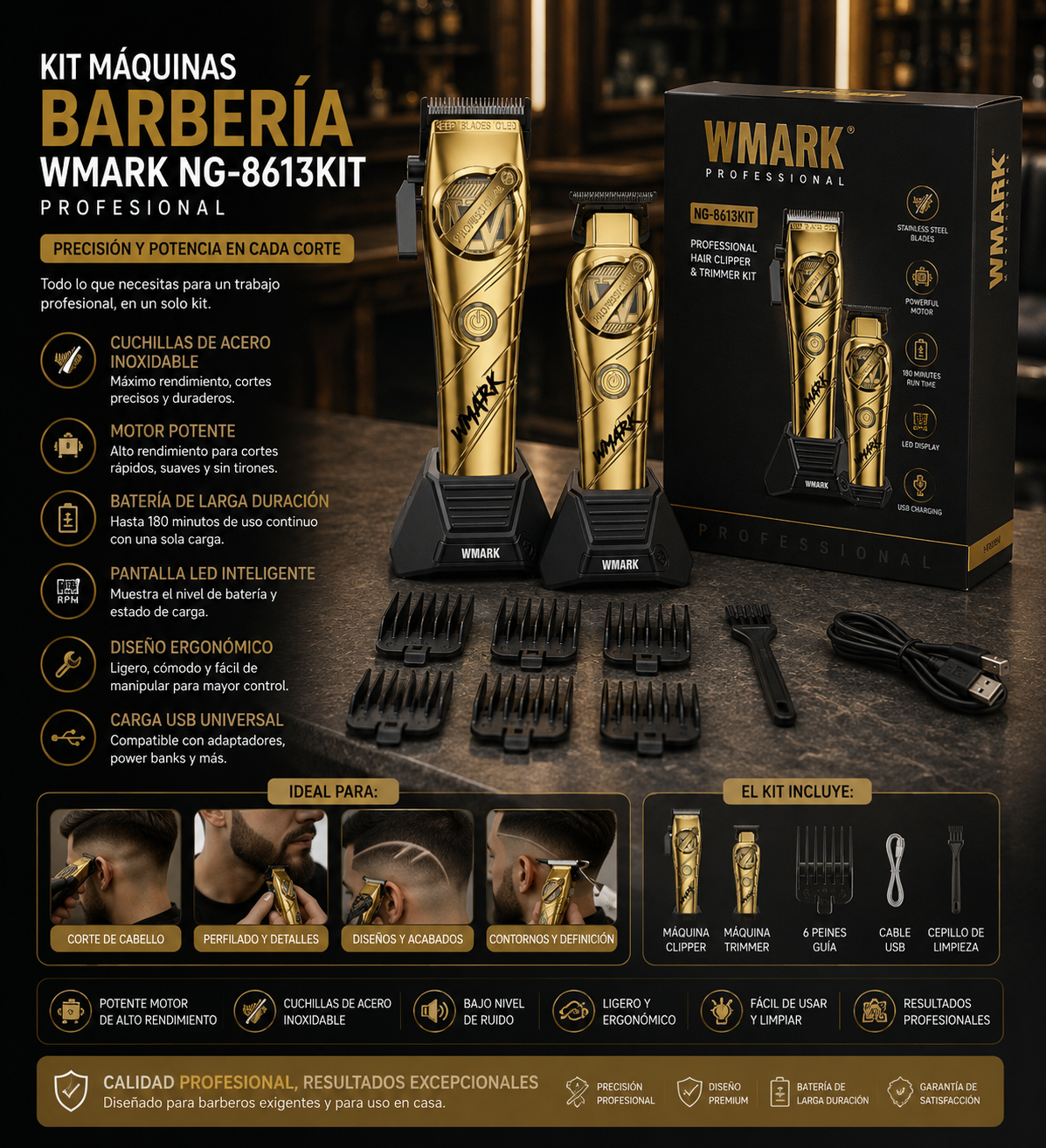 Kit Profesional de Barbería: Máquina + Patillera