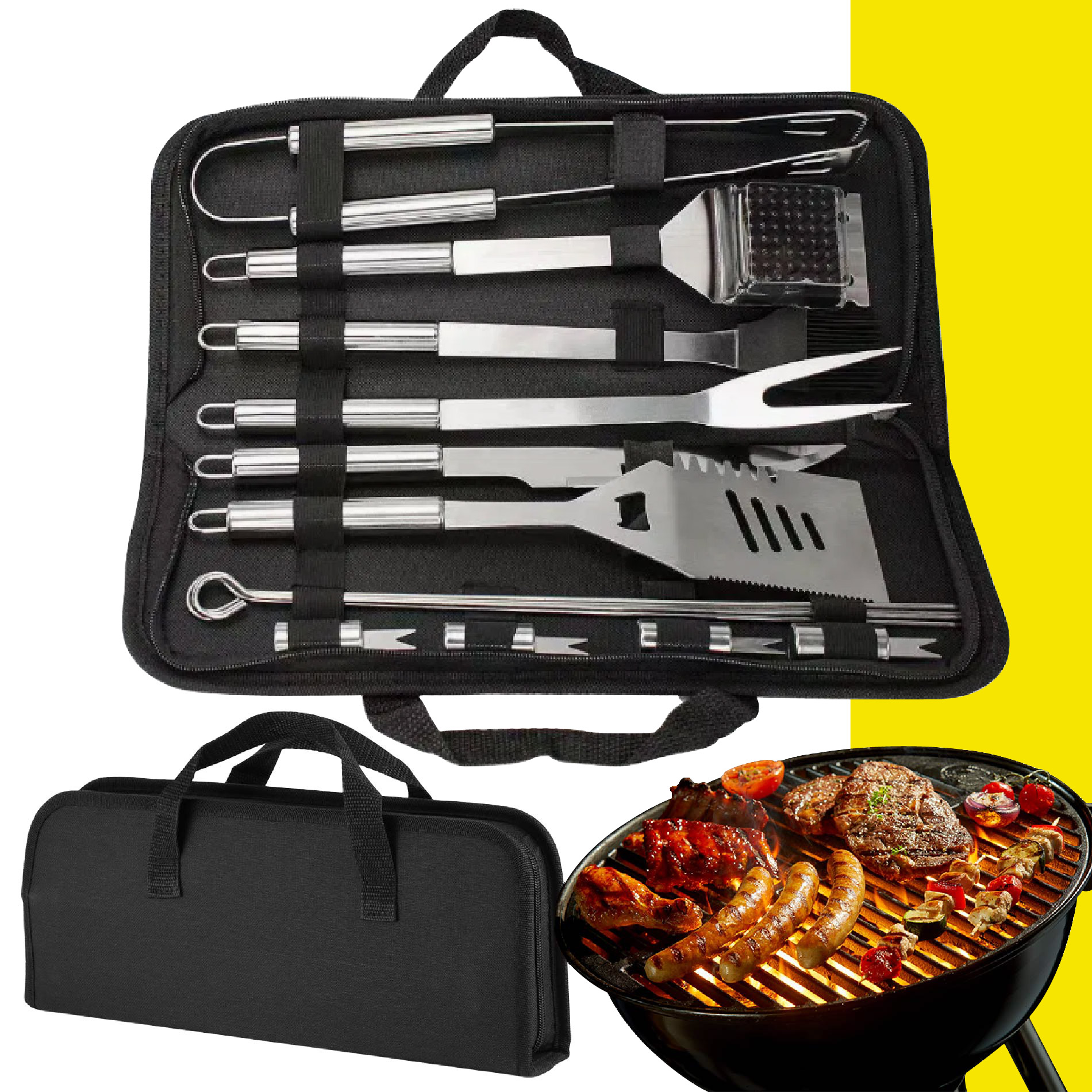 Kit Asado X15 Utensilios Parrilero Acero Inoxidable Estuche